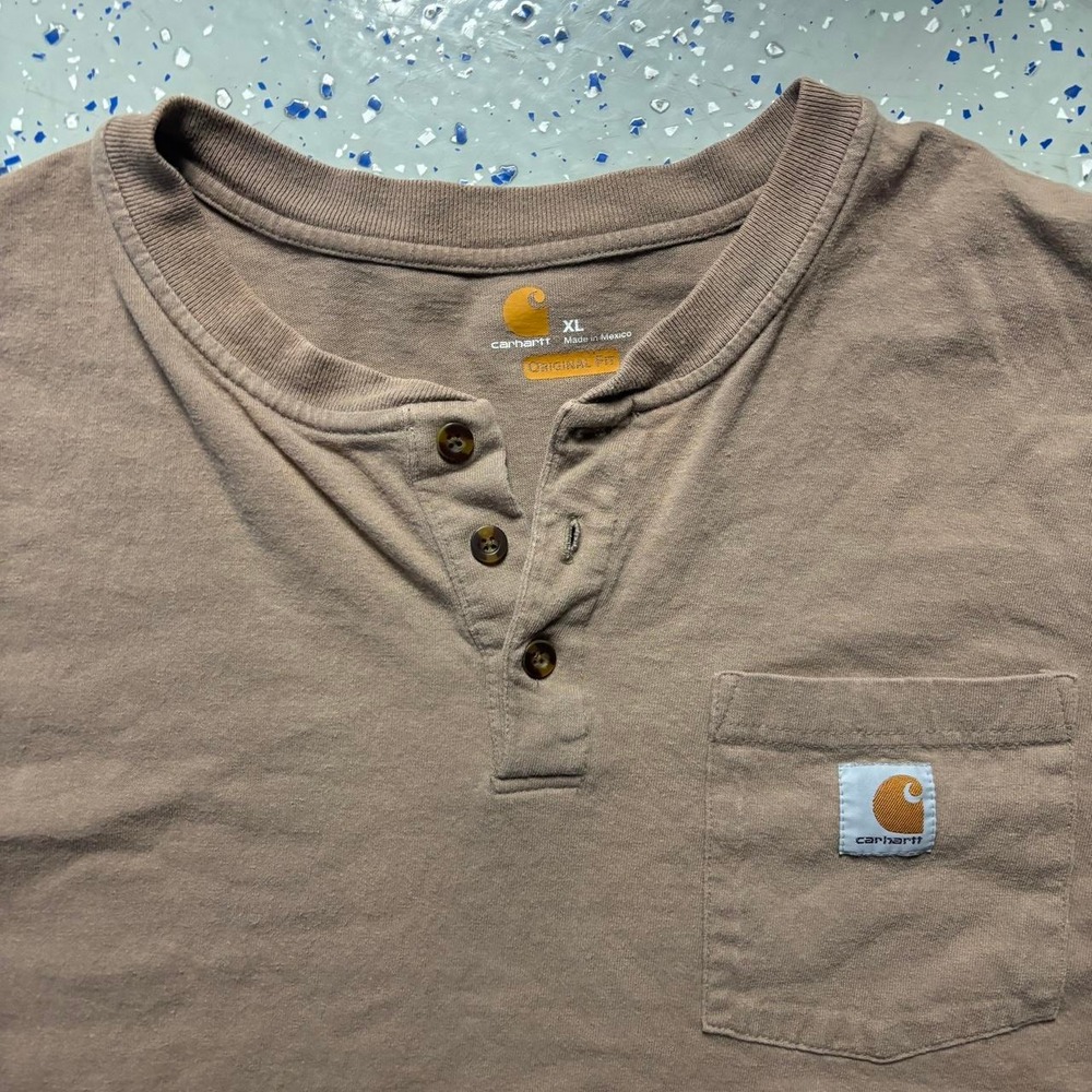 Carhartt Mens Tan Pocket T-Shirt Size Xl Short Sleeve Cotton Button Neck Brown